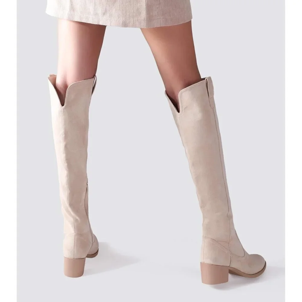 🆕Women's Beige Faux Suede Over The Knee Thigh High Chunky Heel Pointed Toe Boot